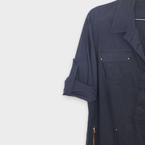 Ellen Tracy Shirt Dress Sz 14 Navy Tab Sleeves Gold Metal Button Front Lagenlook - Picture 7 of 9